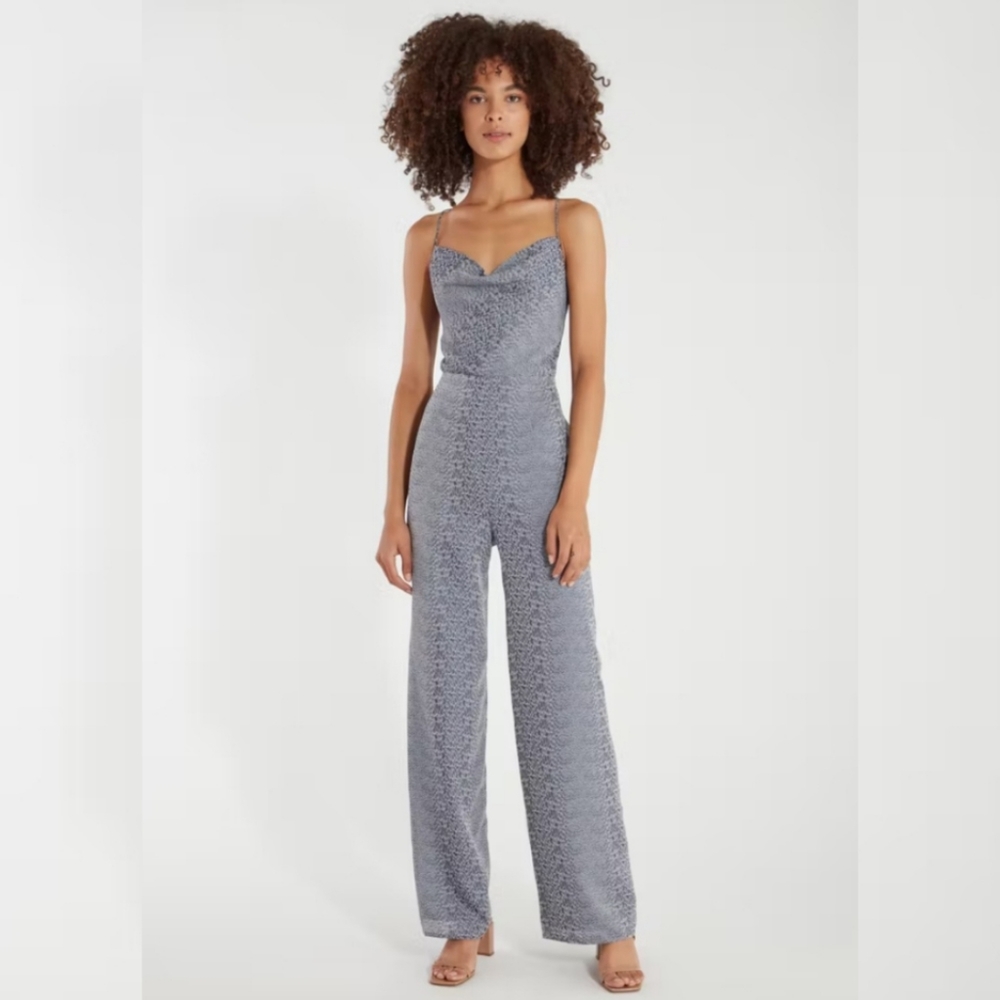 Finders Keepers Catalina Wide Leg Pantsuit Navy XL Open Back Cowl Neck Strappy